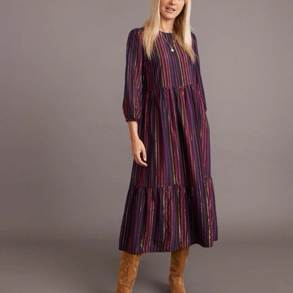 Marine Layer Alice Lurex Multi Stripe Midi Dress Boho Cottagecore Size Medium